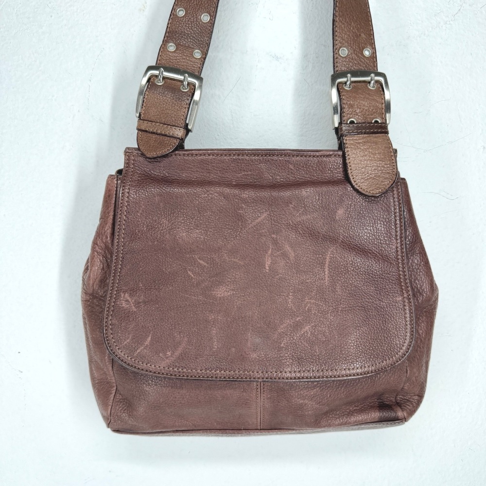 Tignanello Y2K Brown Pebbled Leather Flap Shoulder Bag Boho Silver Double Buckle